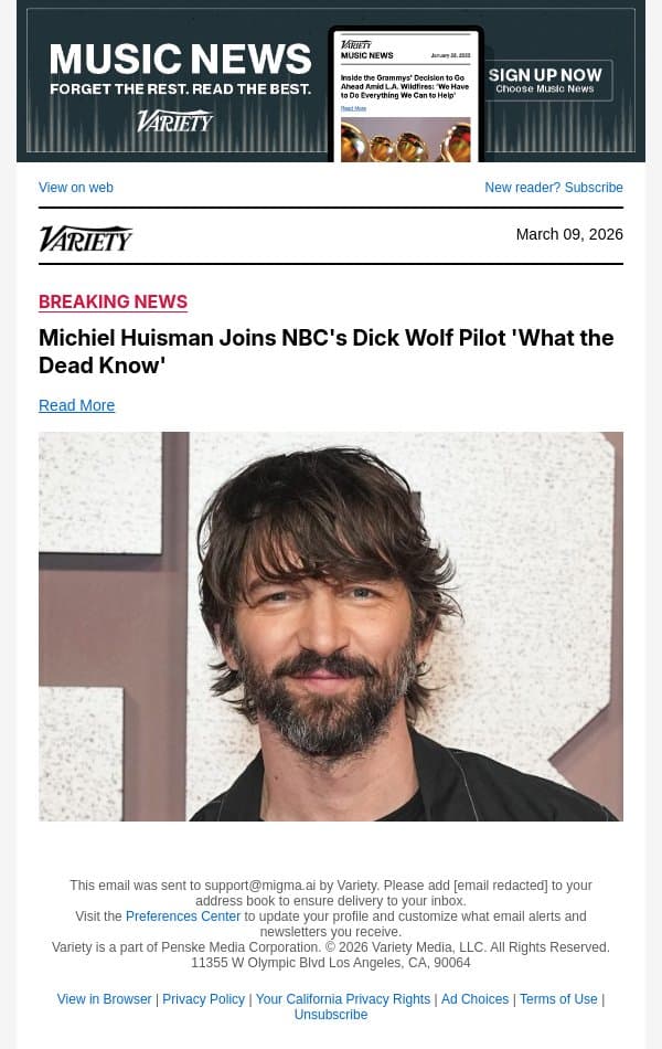 Michiel Huisman Joins NBC's Dick Wolf Pilot 'What the Dead Know' email from Variety screenshot
