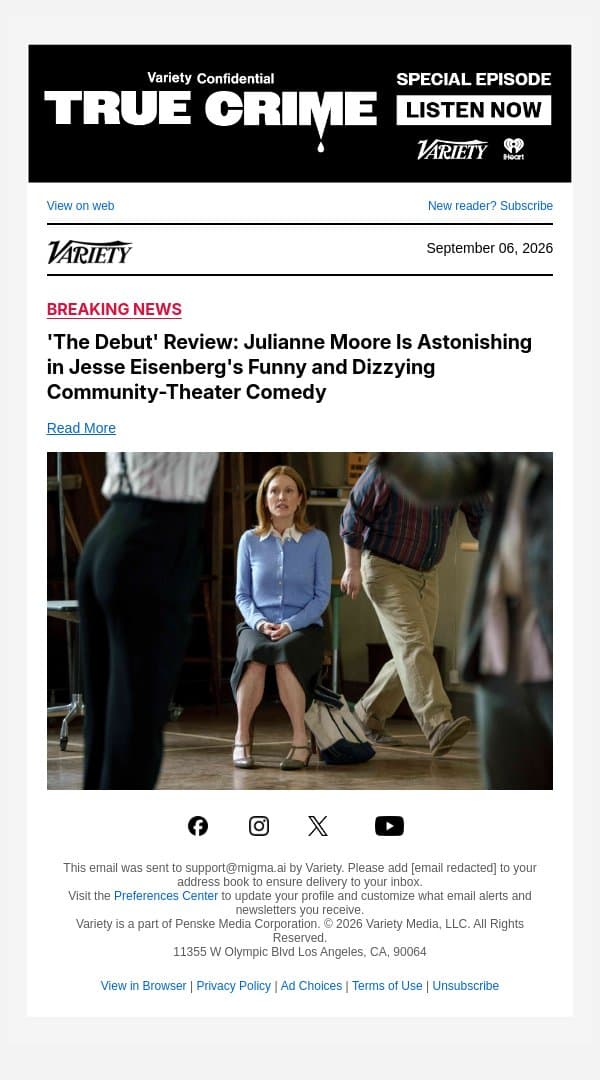 'The Debut' Review: Julianne Moore Is Astonishing in Jesse Eisenberg's Funny and Dizzying Community-Theater Comedy email from Variety screenshot