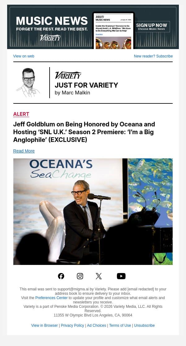 Jeff Goldblum on Being Honored by Oceana and Hosting ‘SNL U.K.’ Season 2 Premiere: ‘I’m a Big Anglophile’ (EXCLUSIVE) email from Variety screenshot