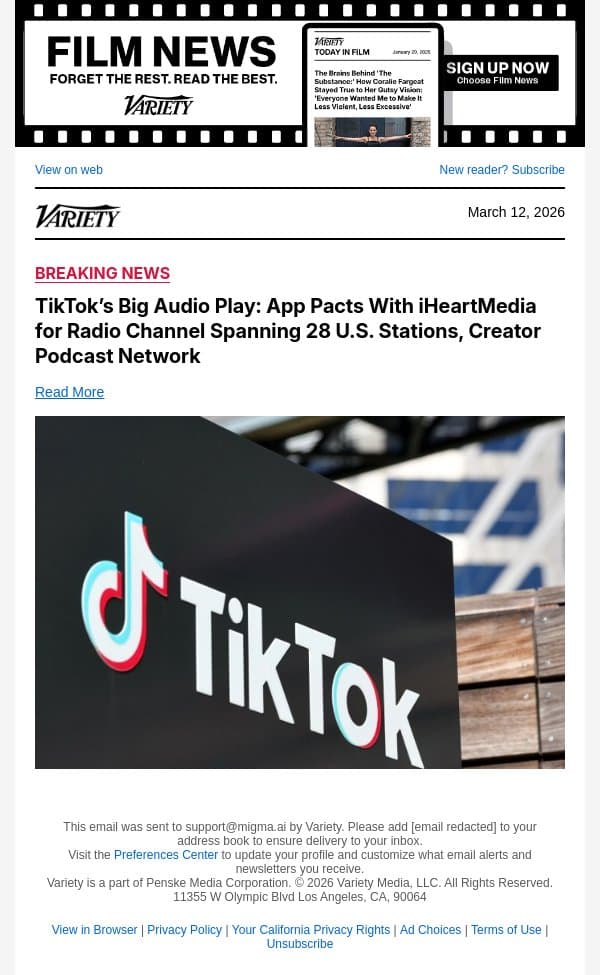 TikTok’s Big Audio Play: App Pacts With iHeartMedia for Radio Channel Spanning 28 U.S. Stations, Creator Podcast Network email from Variety screenshot