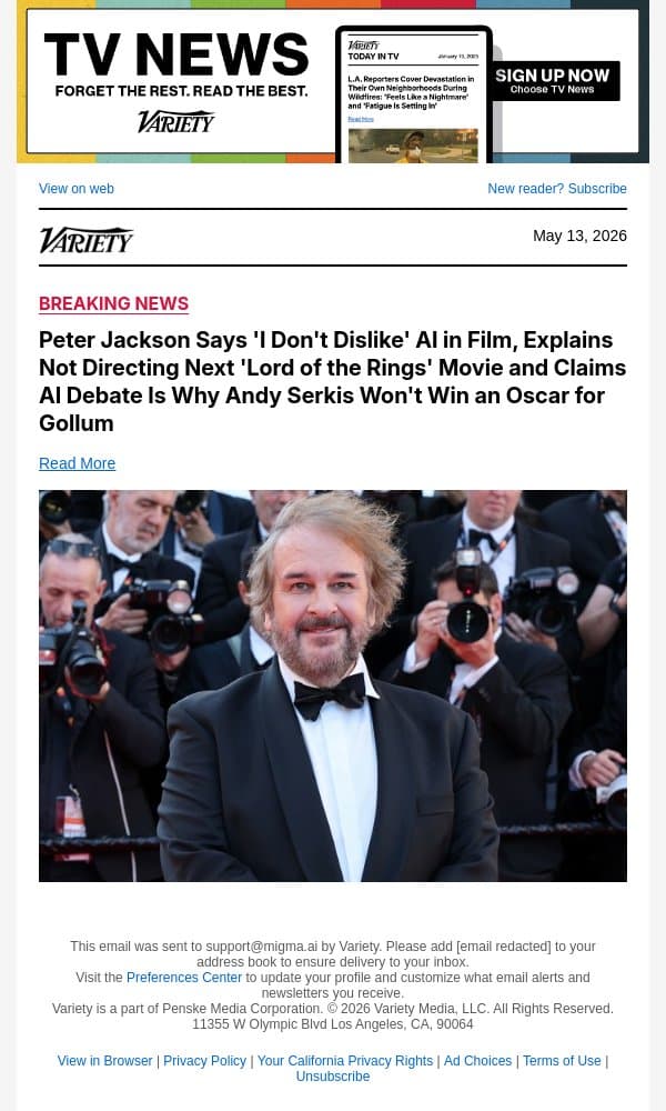 Peter Jackson Says 'I Don't Dislike' AI in Film, Explains Not Directing Next 'Lord of the Rings' Movie and Claims AI Debate Is Why Andy Serkis Won't Win an Oscar for Gollum email from Variety screenshot