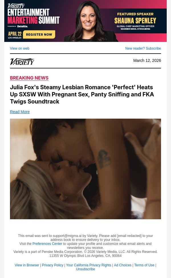 Julia Fox's Steamy Lesbian Romance 'Perfect' Heats Up SXSW With Pregnant Sex, Panty Sniffing and FKA Twigs Soundtrack email from Variety screenshot