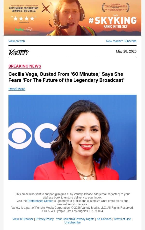 Cecilia Vega, Ousted From '60 Minutes,' Says She Fears 'For The Future of the Legendary Broadcast' email from Variety screenshot