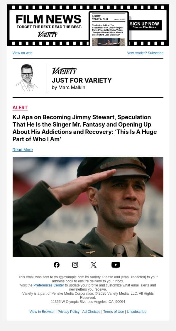 KJ Apa on Becoming Jimmy Stewart, Speculation That He Is the Singer Mr. Fantasy and Opening Up About His Addictions and Recovery: ‘This Is A Huge Part of Who I Am’ email from Variety screenshot