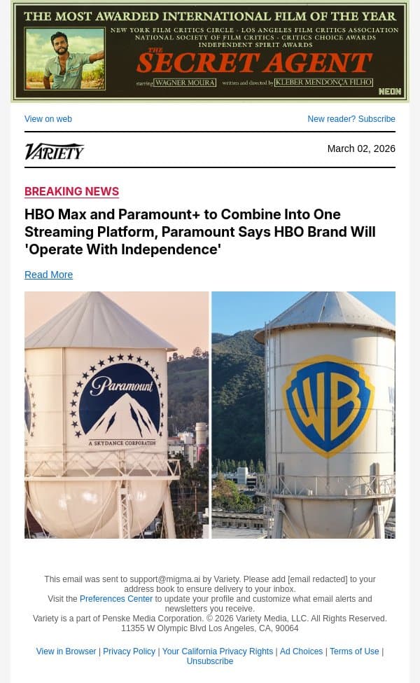 HBO Max and Paramount+ to Combine Into One Streaming Platform, Paramount Says HBO Brand Will 'Operate With Independence' email from Variety screenshot