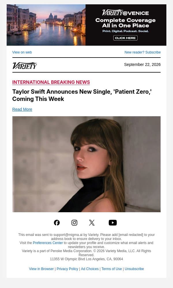 Taylor Swift Announces New Single, 'Patient Zero,' Coming This Week email from Variety screenshot