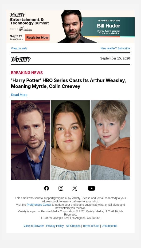 'Harry Potter' HBO Series Casts Its Arthur Weasley, Moaning Myrtle, Colin Creevey email from Variety screenshot