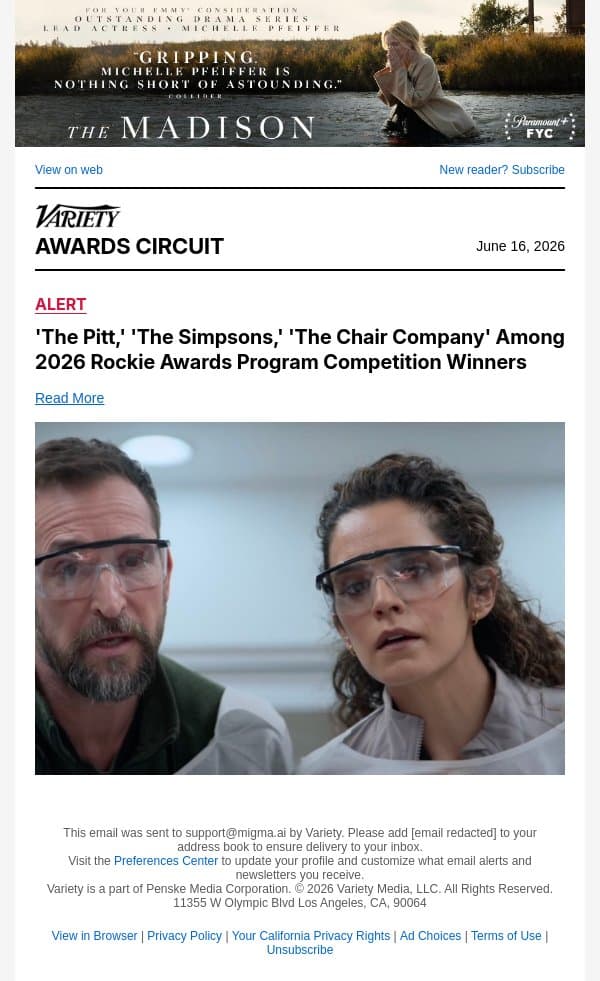 'The Pitt,' 'The Simpsons,' 'The Chair Company' Among 2026 Rockie Awards Program Competition Winners email from Variety screenshot