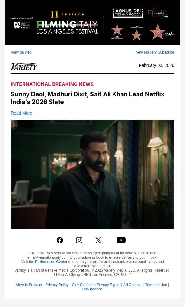 Sunny Deol, Madhuri Dixit, Saif Ali Khan Lead Netflix India's 2026 Slate email from Variety screenshot
