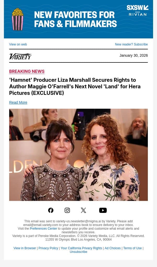 'Hamnet' Producer Liza Marshall Secures Rights to Author Maggie O'Farrell's Next Novel 'Land' for Hera Pictures (EXCLUSIVE) email from Variety screenshot