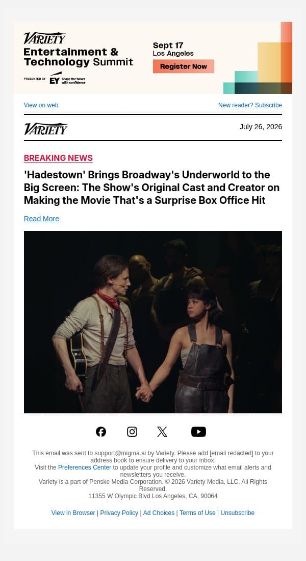'Hadestown' Brings Broadway's Underworld to the Big Screen: The Show's Original Cast and Creator on Making the Movie That's a Surprise Box Office Hit email from Variety screenshot
