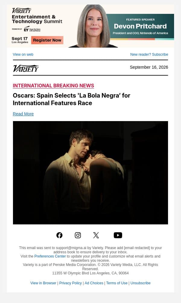 Oscars: Spain Selects 'La Bola Negra’ for International Features Race email from Variety screenshot