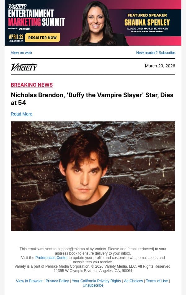 Nicholas Brendon, 'Buffy the Vampire Slayer' Star, Dies at 54 email from Variety screenshot