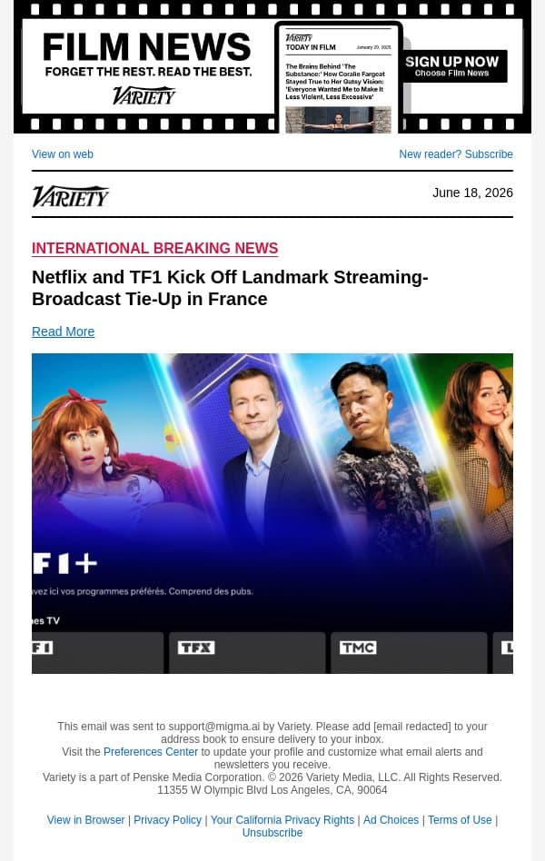 Netflix and TF1 Kick Off Landmark Streaming-Broadcast Tie-Up in France email from Variety screenshot