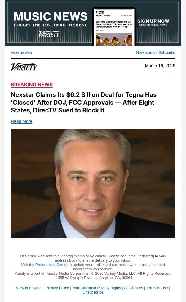 Nexstar Claims Its $6.2 Billion Deal for Tegna Has 'Closed' After DOJ, FCC Approvals — After Eight States, DirecTV Sued to Block It email from Variety screenshot