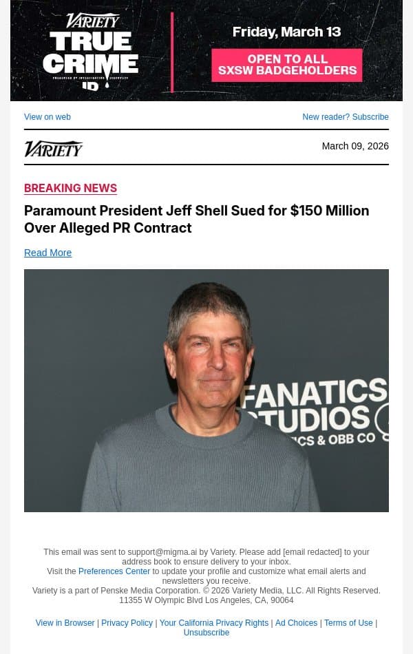 Paramount President Jeff Shell Sued for $150 Million Over Alleged PR Contract email from Variety screenshot