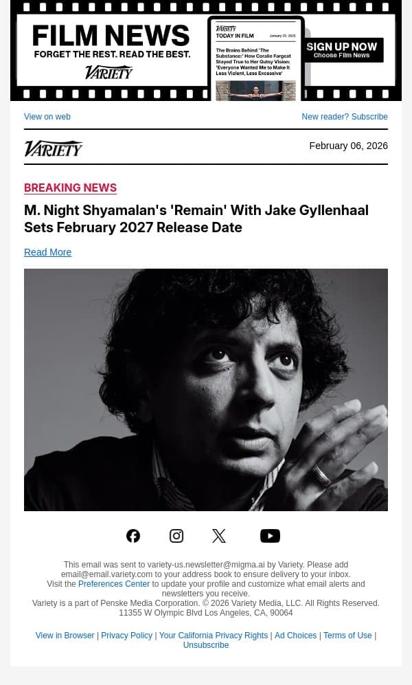 M. Night Shyamalan's 'Remain' With Jake Gyllenhaal Sets February 2027 Release Date email from Variety screenshot