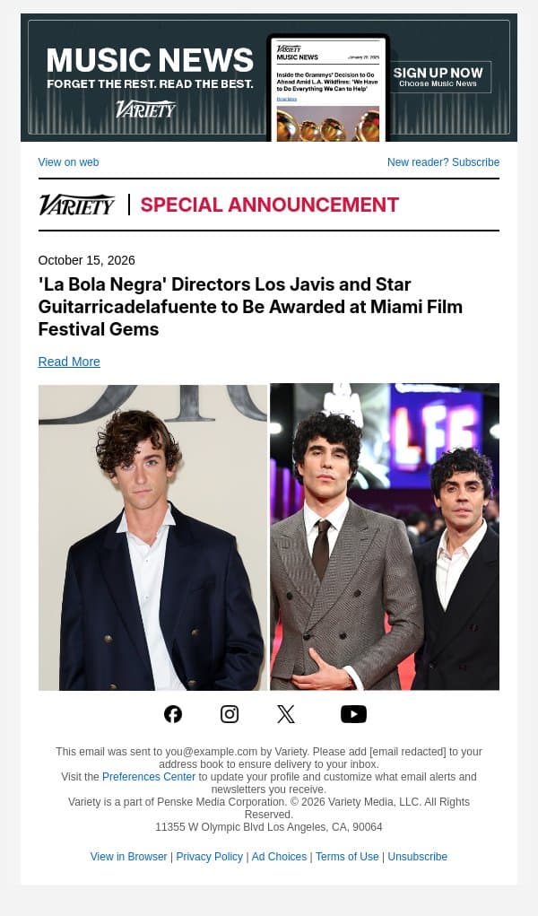'La Bola Negra' Directors Los Javis and Star Guitarricadelafuente to Be Awarded at Miami Film Festival Gems email from Variety screenshot