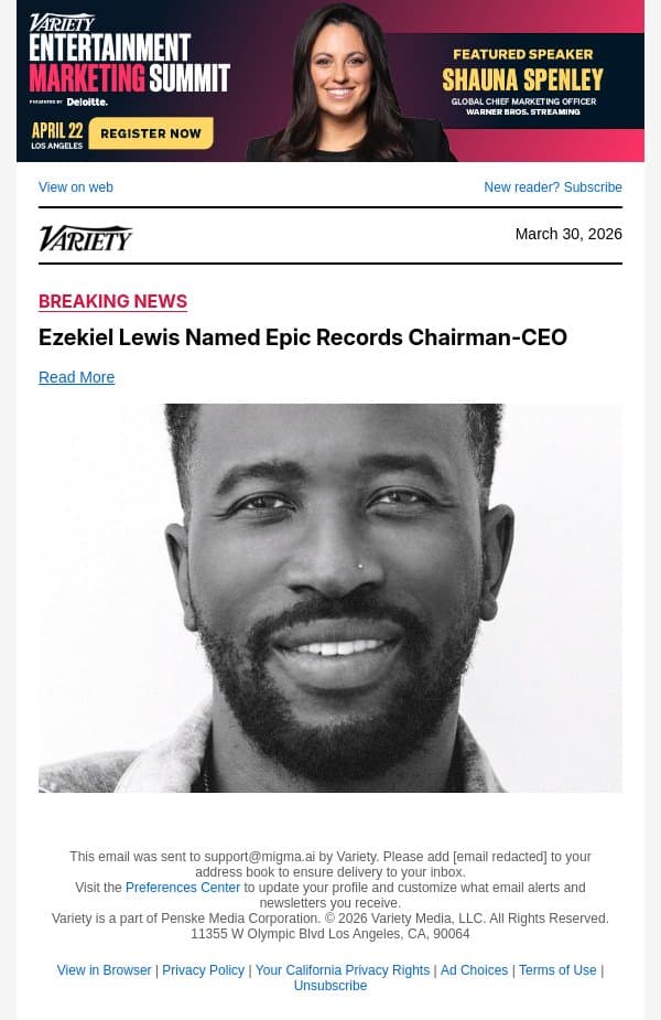 Ezekiel Lewis Named Epic Records Chairman-CEO email from Variety screenshot