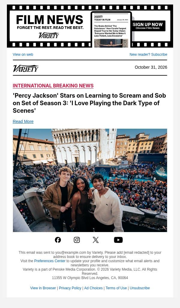 'Percy Jackson' Stars on Learning to Scream and Sob on Set of Season 3: 'I Love Playing the Dark Type of Scenes' email from Variety screenshot