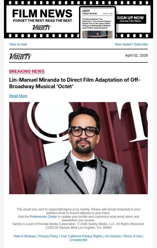 Lin-Manuel Miranda to Direct Film Adaptation of Off-Broadway Musical 'Octet' email from Variety screenshot