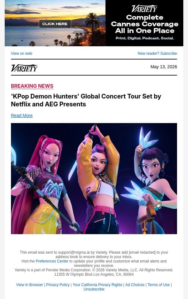 'KPop Demon Hunters' Global Concert Tour Set by Netflix and AEG Presents email from Variety screenshot