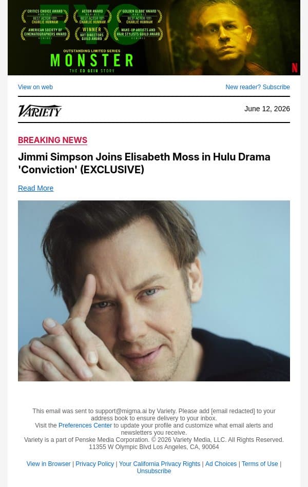 Jimmi Simpson Joins Elisabeth Moss in Hulu Drama 'Conviction' (EXCLUSIVE) email from Variety screenshot