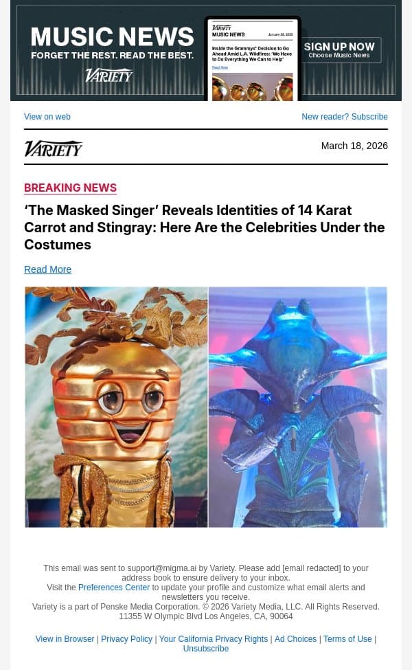 ‘The Masked Singer’ Reveals Identities of 14 Karat Carrot and Stingray: Here Are the Celebrities Under the Costumes email from Variety screenshot