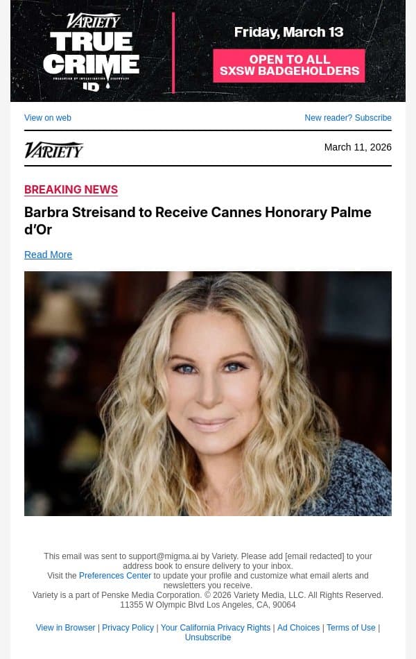 Barbra Streisand to Receive Cannes Honorary Palme d’Or email from Variety screenshot
