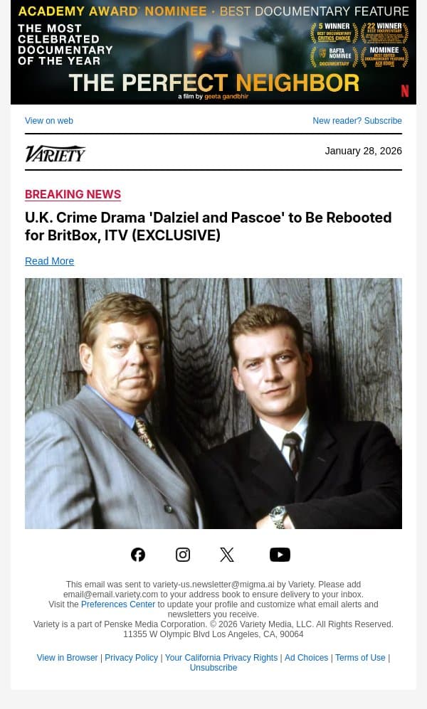 U.K. Crime Drama 'Dalziel and Pascoe' to Be Rebooted for BritBox, ITV (EXCLUSIVE) email from Variety screenshot