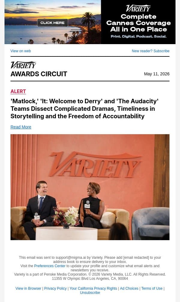 'Matlock,' 'It: Welcome to Derry' and 'The Audacity' Teams Dissect Complicated Dramas, Timeliness in Storytelling and the Freedom of Accountability email from Variety screenshot