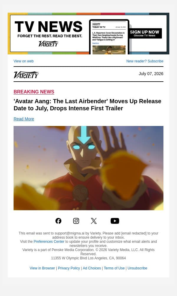'Avatar Aang: The Last Airbender' Moves Up Release Date to July, Drops Intense First Trailer email from Variety screenshot