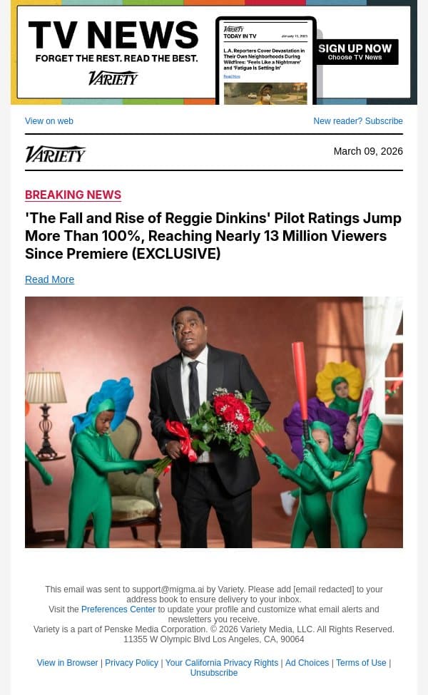 'The Fall and Rise of Reggie Dinkins' Pilot Ratings Jump More Than 100%, Reaching Nearly 13 Million Viewers Since Premiere (EXCLUSIVE) email from Variety screenshot