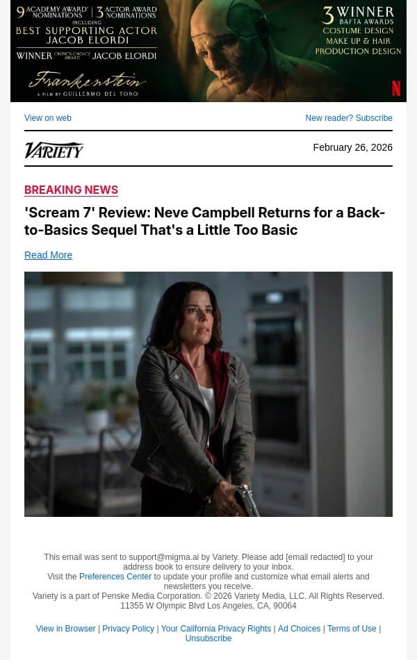 'Scream 7' Review: Neve Campbell Returns for a Back-to-Basics Sequel That's a Little Too Basic email from Variety screenshot