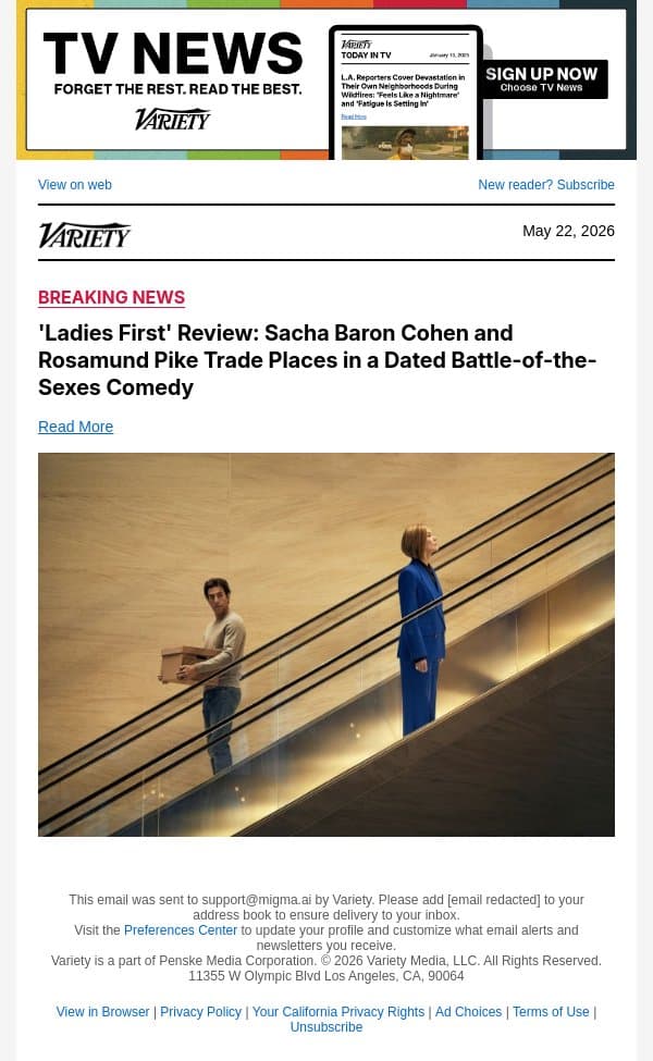 'Ladies First' Review: Sacha Baron Cohen and Rosamund Pike Trade Places in a Dated Battle-of-the-Sexes Comedy email from Variety screenshot