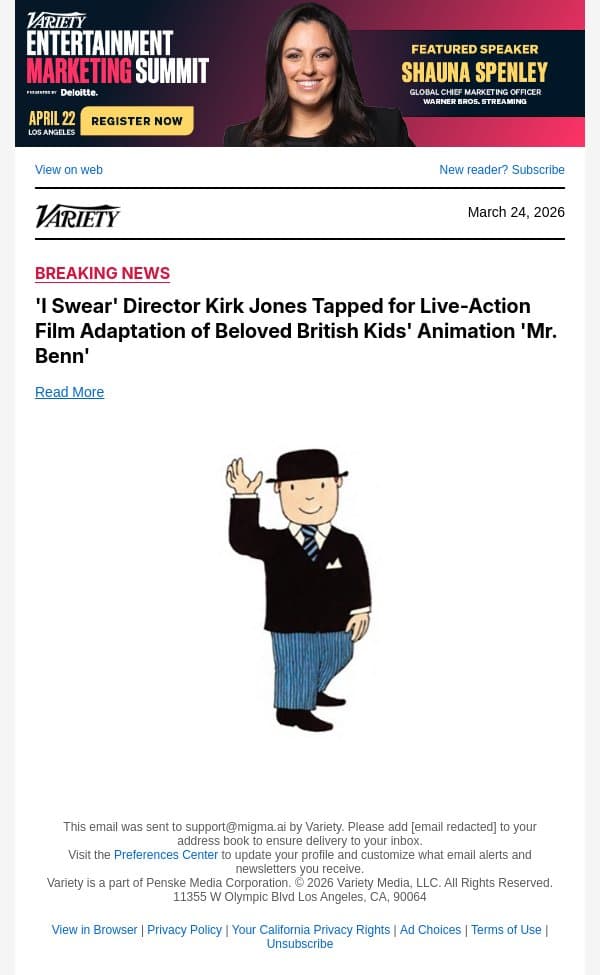 'I Swear' Director Kirk Jones Tapped for Live-Action Film Adaptation of Beloved British Kids' Animation 'Mr. Benn' email from Variety screenshot