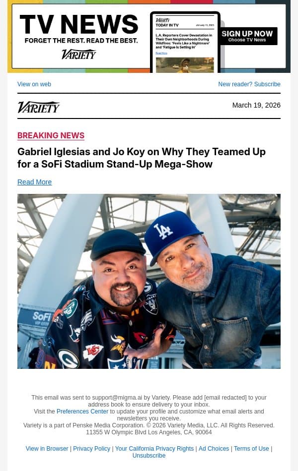 Gabriel Iglesias and Jo Koy on Why They Teamed Up for a SoFi Stadium Stand-Up Mega-Show email from Variety screenshot
