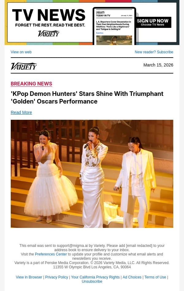 'KPop Demon Hunters' Stars Shine With Triumphant 'Golden' Oscars Performance email from Variety screenshot
