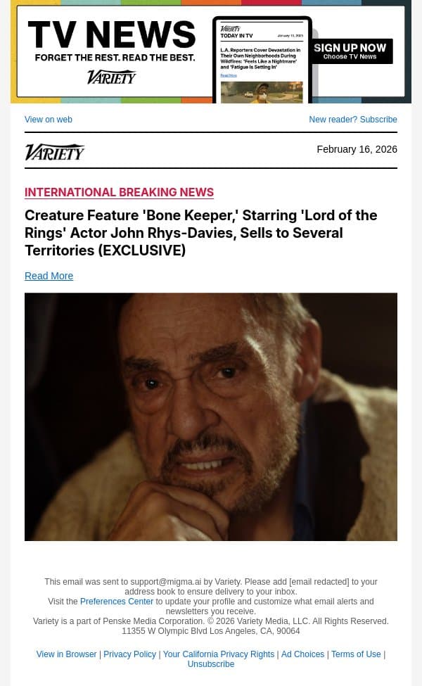 Creature Feature 'Bone Keeper,' Starring 'Lord of the Rings' Actor John Rhys-Davies, Sells to Several Territories (EXCLUSIVE) email from Variety screenshot