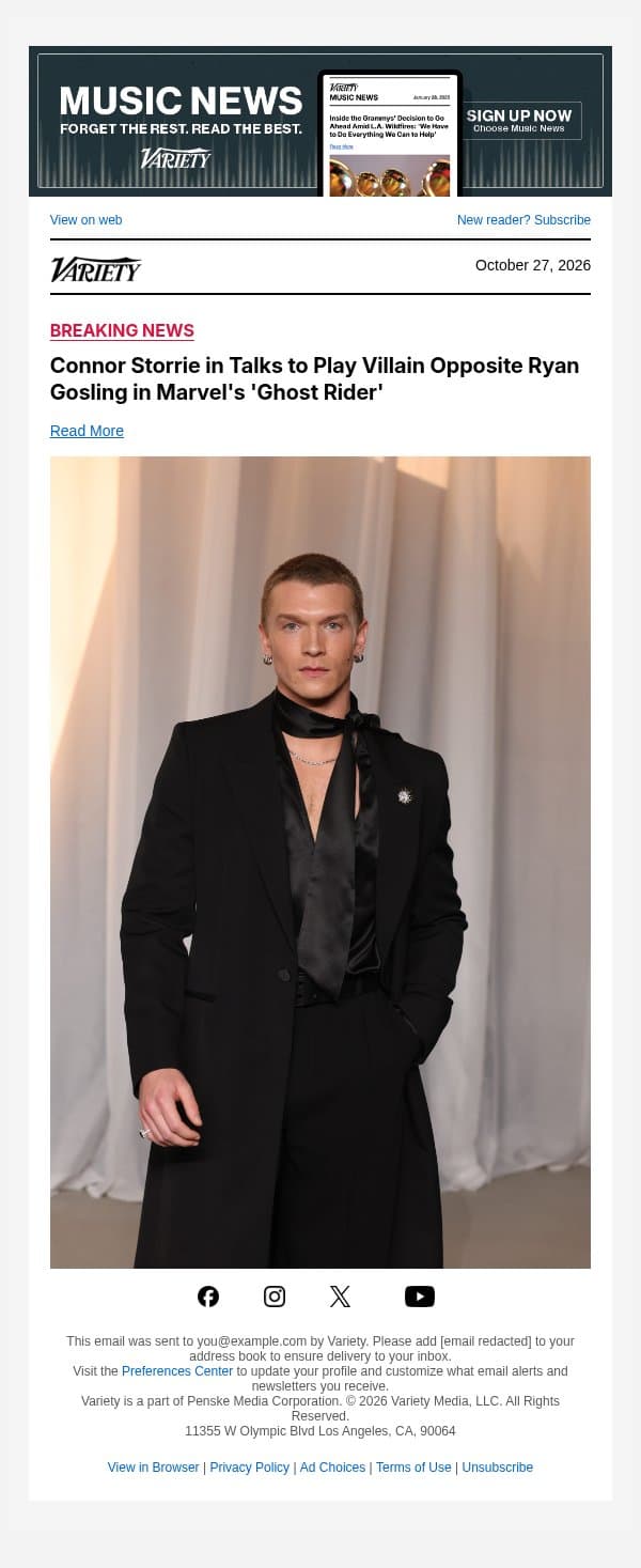Connor Storrie in Talks to Play Villain Opposite Ryan Gosling in Marvel's 'Ghost Rider' email from Variety screenshot