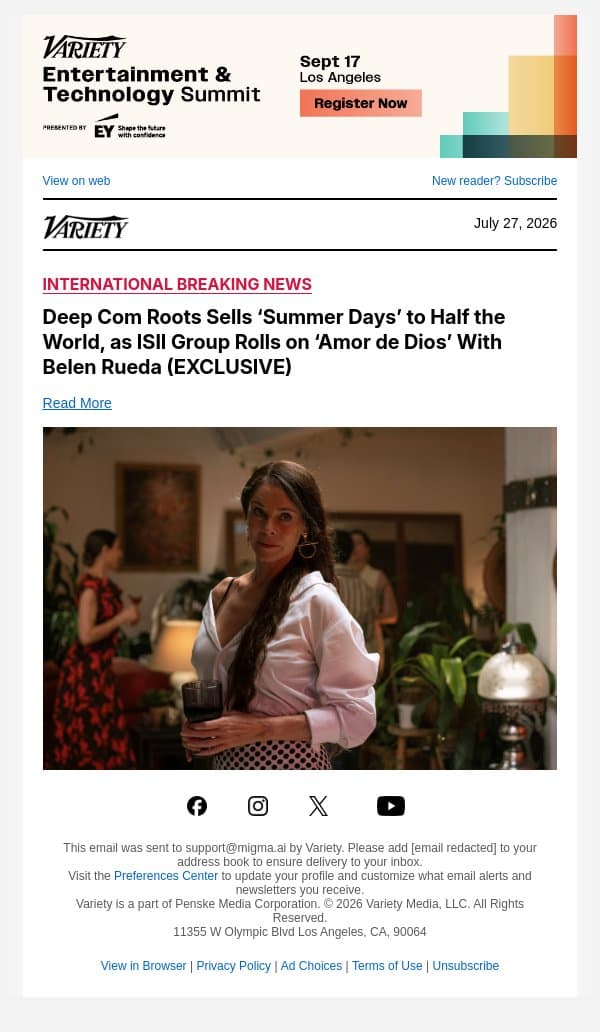 Deep Com Roots Sells ‘Summer Days’ to Half the World, as ISII Group Rolls on ‘Amor de Dios’ With Belen Rueda (EXCLUSIVE) email from Variety screenshot