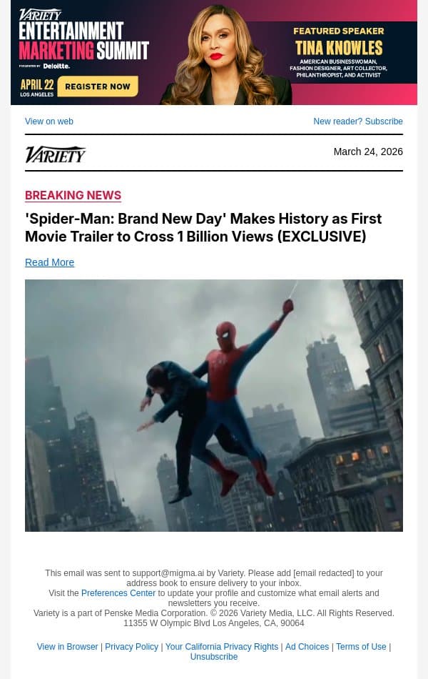 'Spider-Man: Brand New Day' Makes History as First Movie Trailer to Cross 1 Billion Views (EXCLUSIVE) email from Variety screenshot