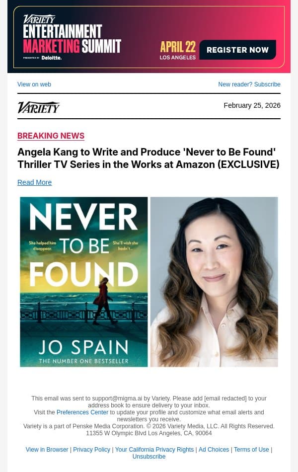 Angela Kang to Write and Produce 'Never to Be Found' Thriller TV Series in the Works at Amazon (EXCLUSIVE) email from Variety screenshot