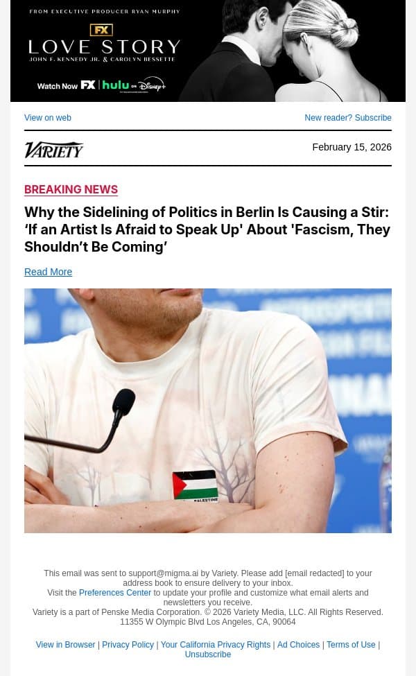 Why the Sidelining of Politics in Berlin Is Causing a Stir: ‘If an Artist Is Afraid to Speak Up' About 'Fascism, They Shouldn’t Be Coming’ email from Variety screenshot