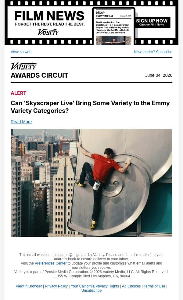 Can 'Skyscraper Live' Bring Some Variety to the Emmy Variety Categories? email from Variety screenshot