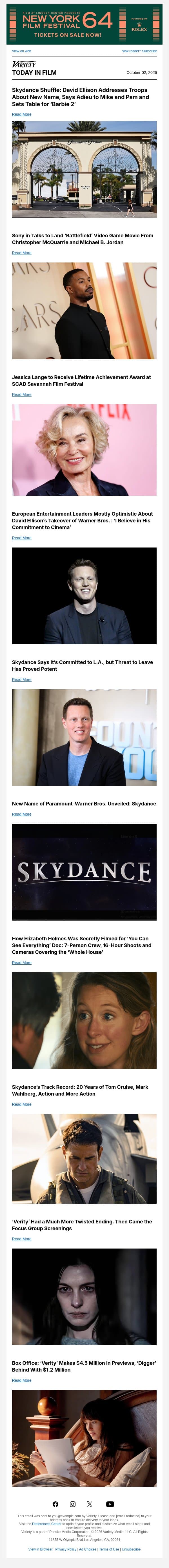 Latest Skydance Updates; Sony in Talks for 'Battlefield' Movie; Jessica Lange to Be Honored by SCAD email from Variety screenshot