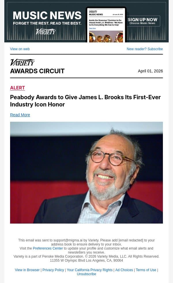 Peabody Awards to Give James L. Brooks Its First-Ever Industry Icon Honor email from Variety screenshot