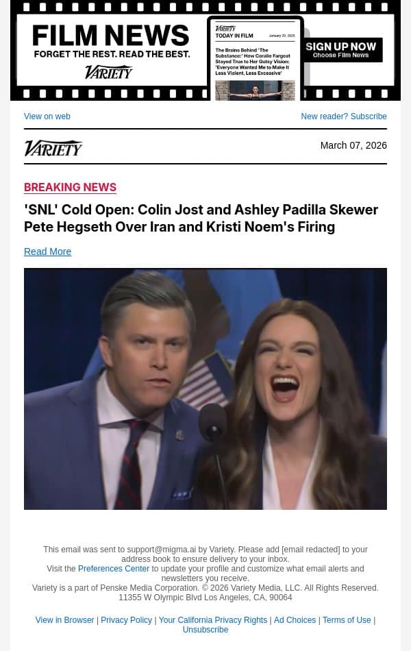 'SNL' Cold Open: Colin Jost and Ashley Padilla Skewer Pete Hegseth Over Iran and Kristi Noem's Firing email from Variety screenshot