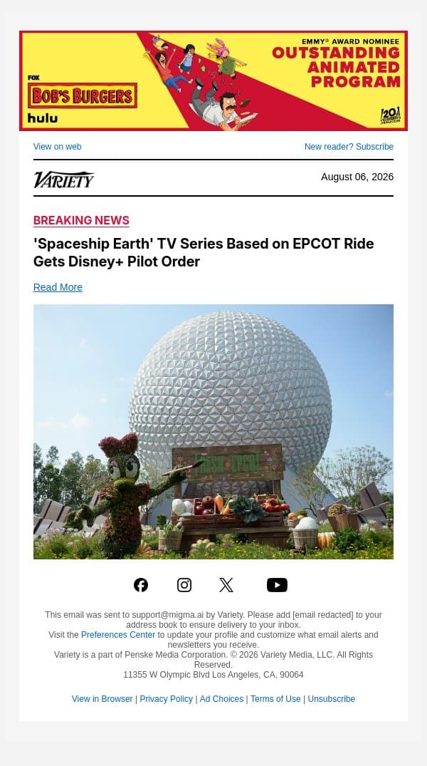 'Spaceship Earth' TV Series Based on EPCOT Ride Gets Disney+ Pilot Order email from Variety screenshot
