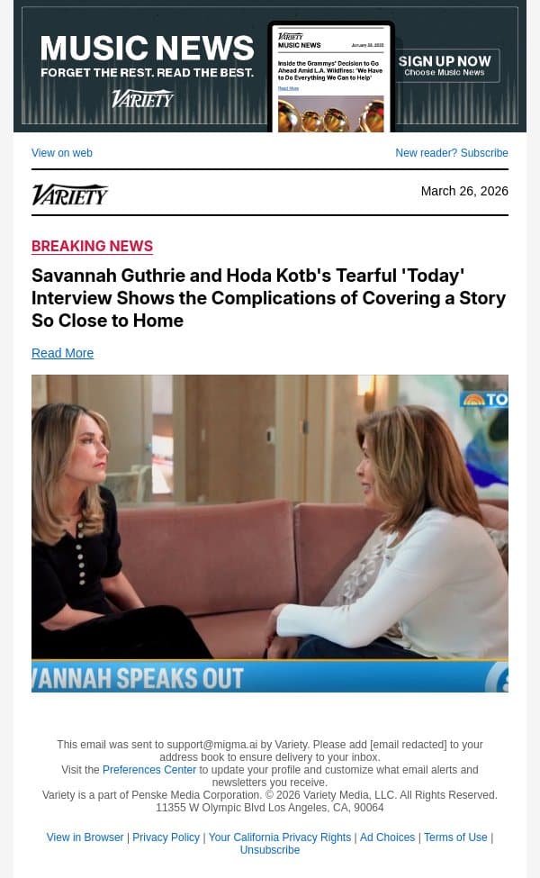 Savannah Guthrie and Hoda Kotb's Tearful 'Today' Interview Shows the Complications of Covering a Story So Close to Home email from Variety screenshot